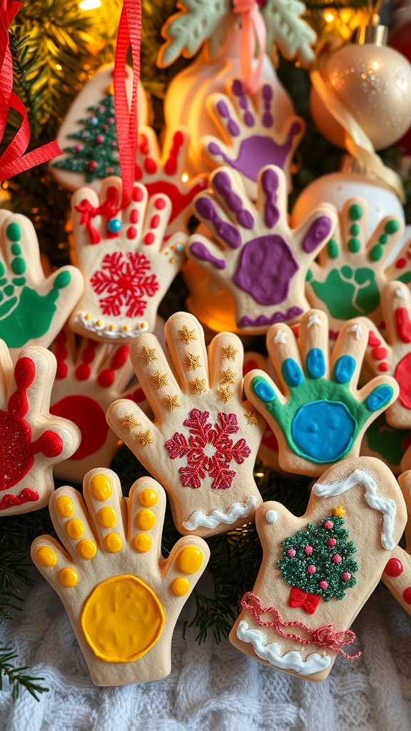 Festive Dough Hand Ornaments Recipe Colorful handmade dough hand ornaments decorated with glitter and ribbons, displayed in a festive setting.